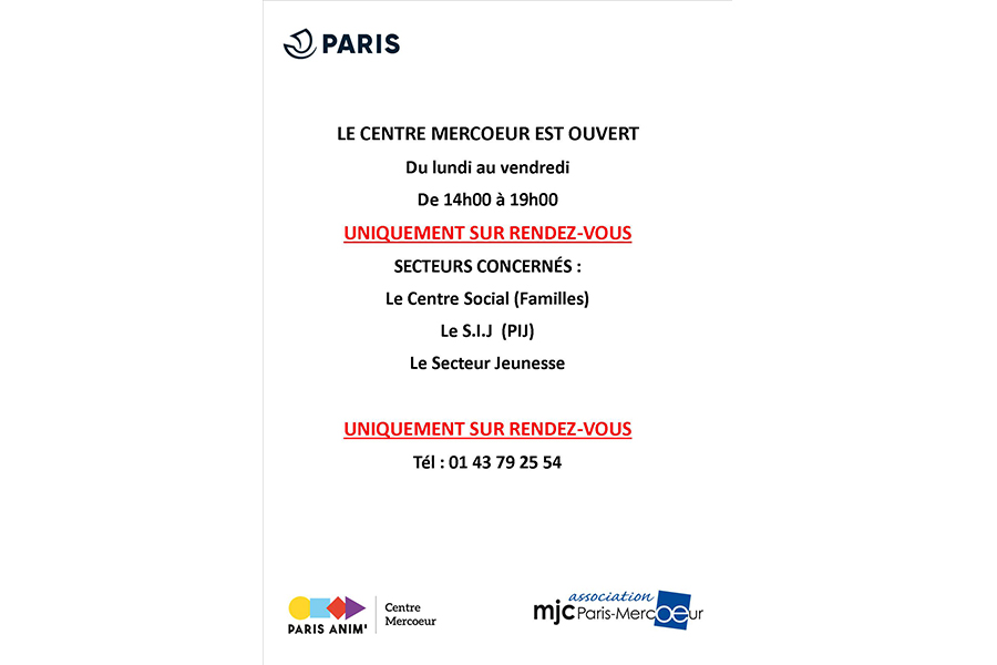 Réouverture sur rdv, du centre social, du PIJ, du secteur jeunes et du secteur familles, du lundi au vendredi de 14h00 à 19h00
